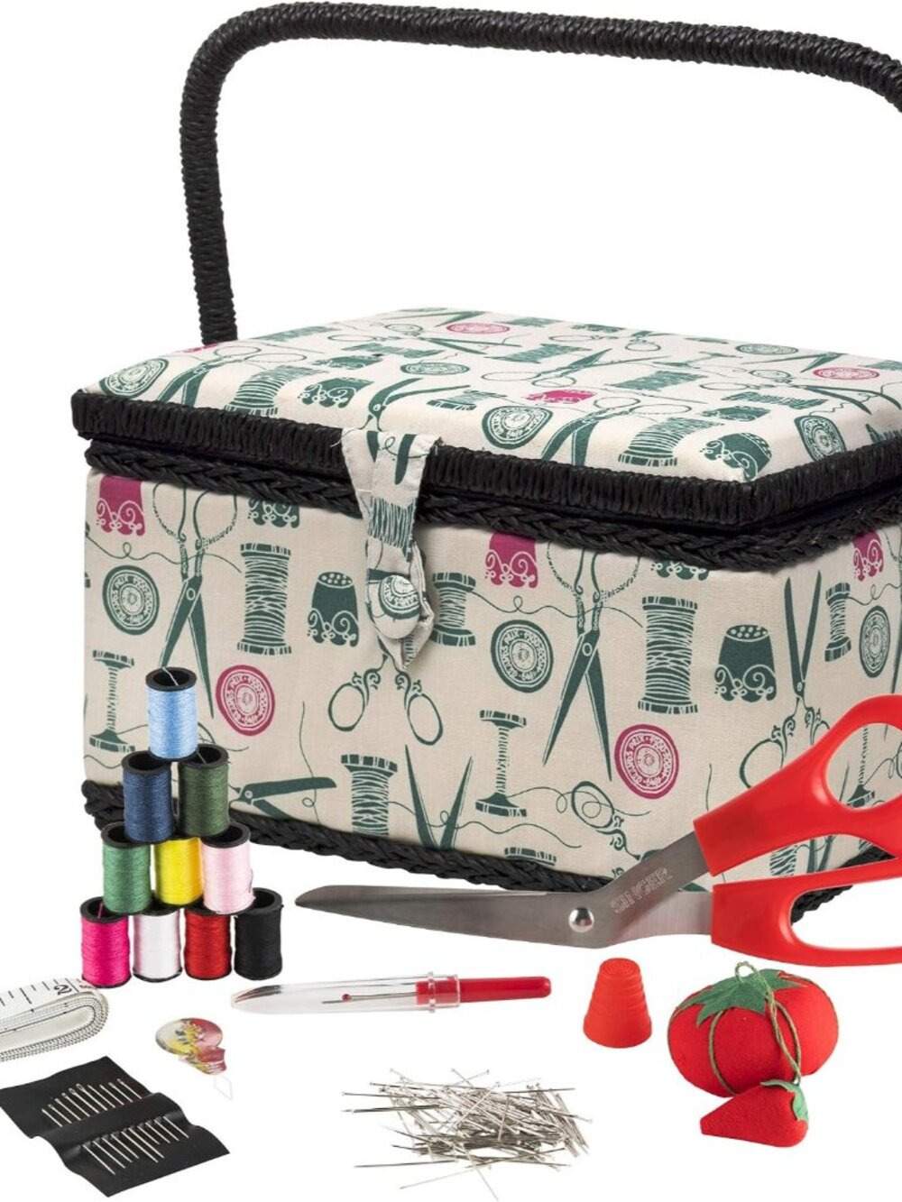 Large Sewing Basket Kit, Vintage Spools, Notions Pack, 127 Count